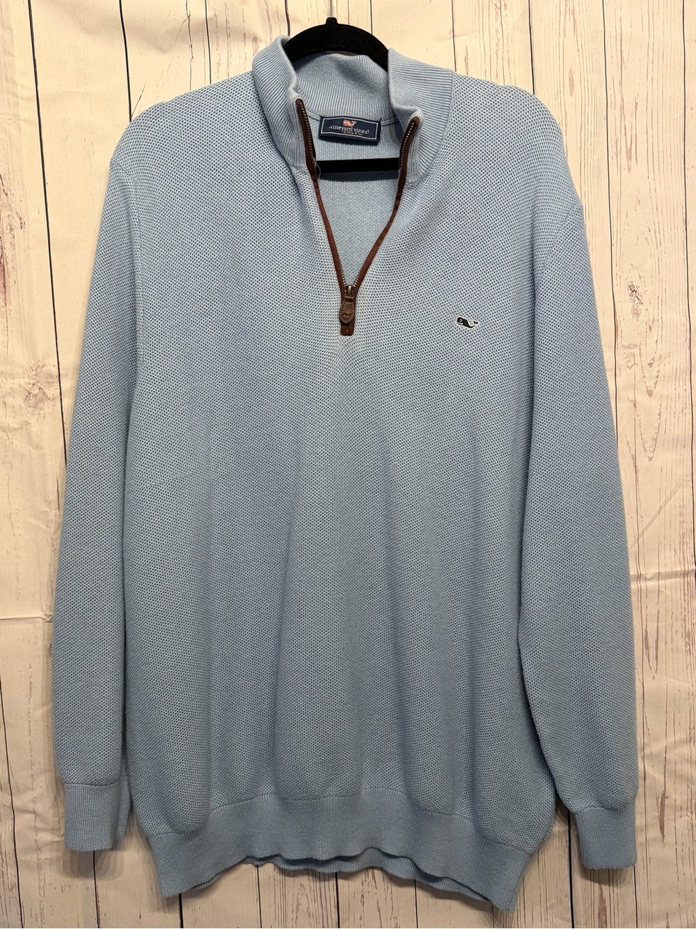 Vineyard Vines Light Blue Quarter-Zip Sweater with Brown Leather Trim